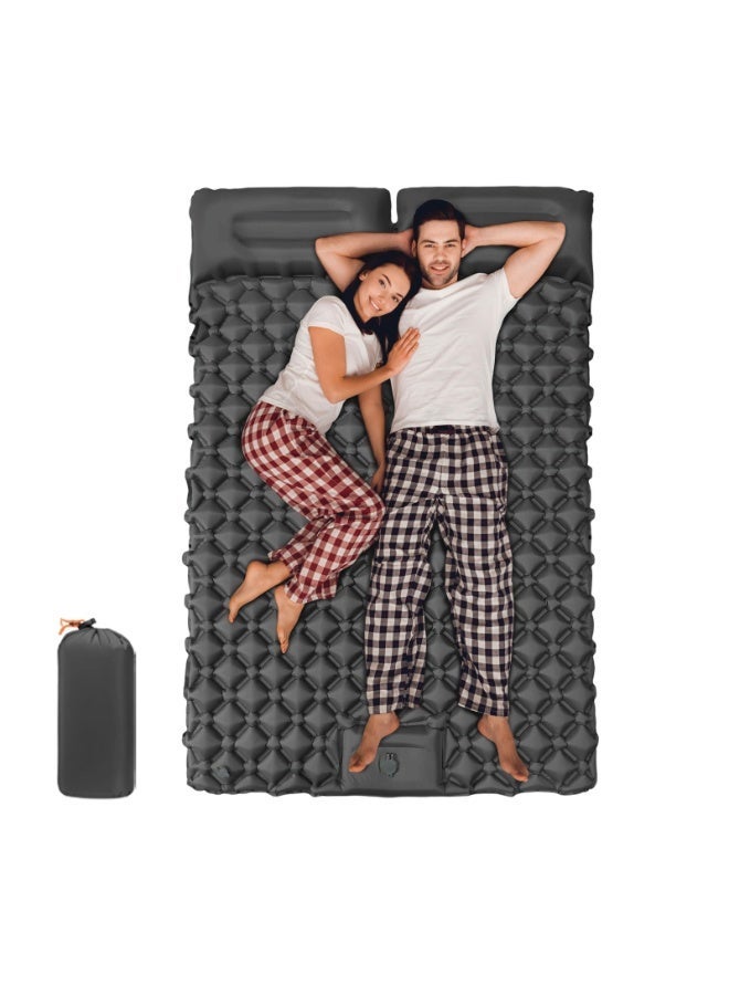 Double Sleeping Pad for Camping, Ultra-Thick Self-Inflating Camping Pad 2 Person with Pillow Built-in Foot Pump Camping Sleeping Mat for Backpacking, Hiking, Camping, Travel, Sleepovers and Guest, Portable Pad Mattress - Black